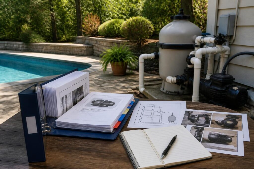 Pool equipment manuals and labels homeowner file organized beside a residential pool equipment pad