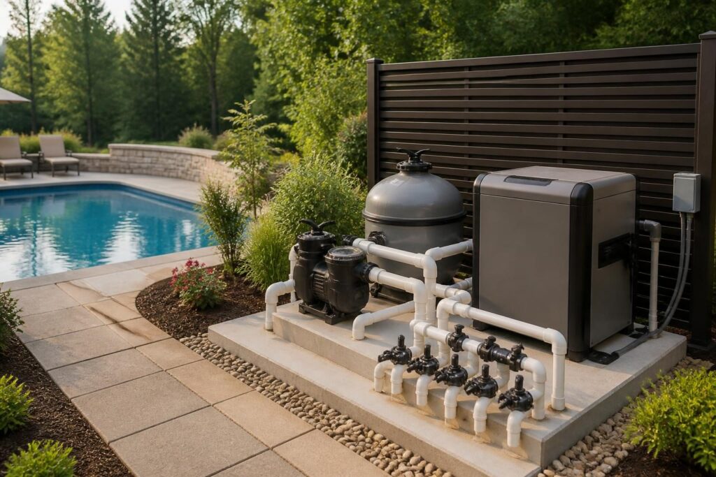 Pool equipment pad planning for homeowners with clear service access and organized equipment in a North Carolina backyard