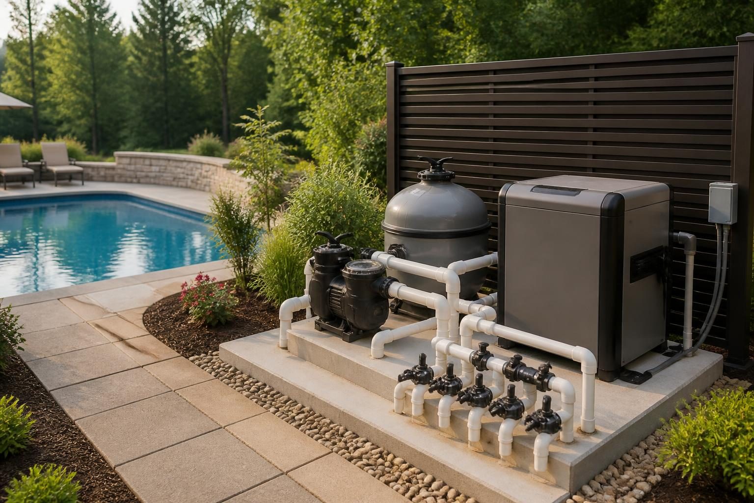 Pool equipment pad planning for homeowners with clear service access and organized equipment in a North Carolina backyard