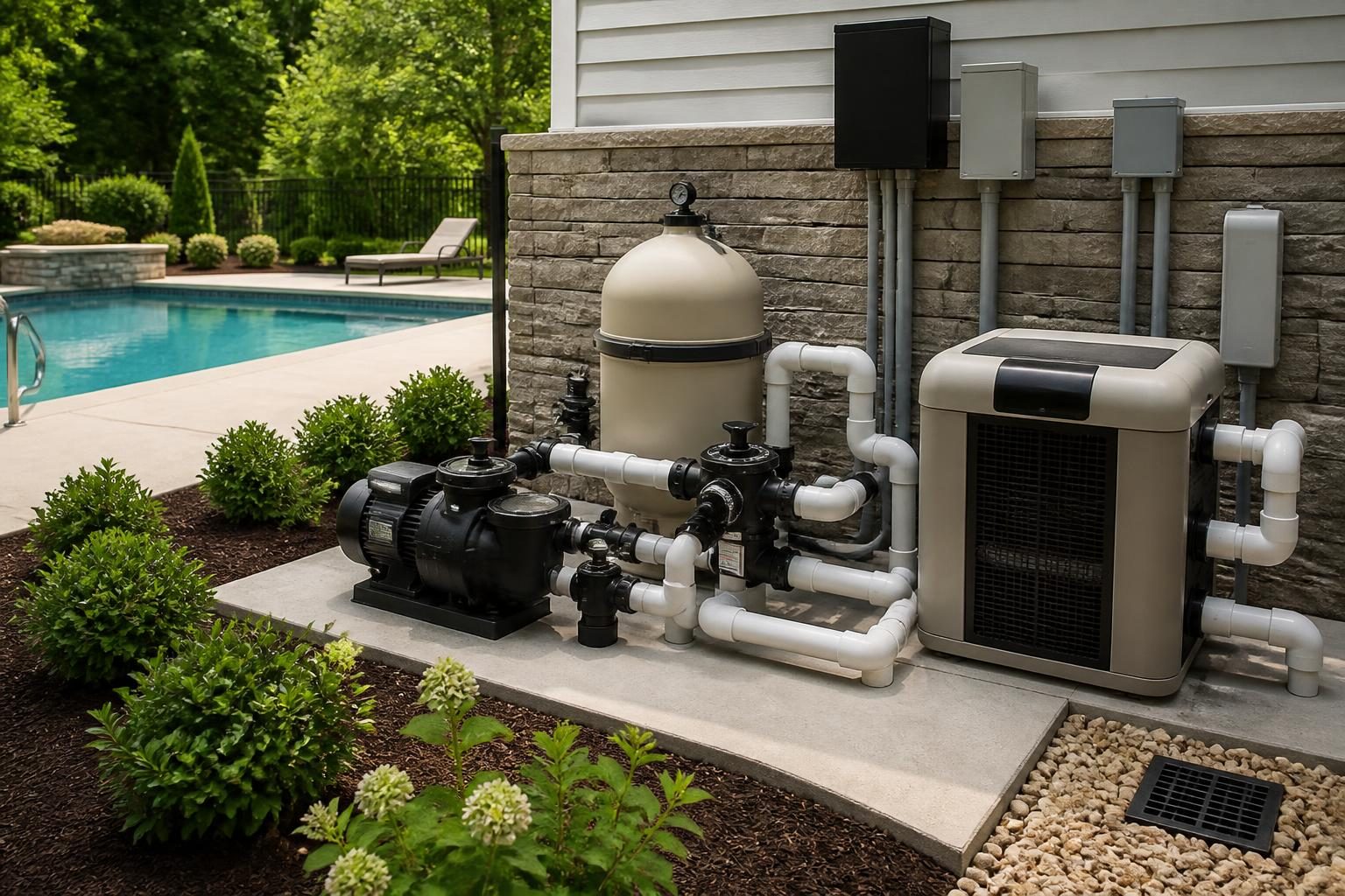 Pool equipment startup checklist North Carolina showing a residential pump, filter, heater, valves, and controls