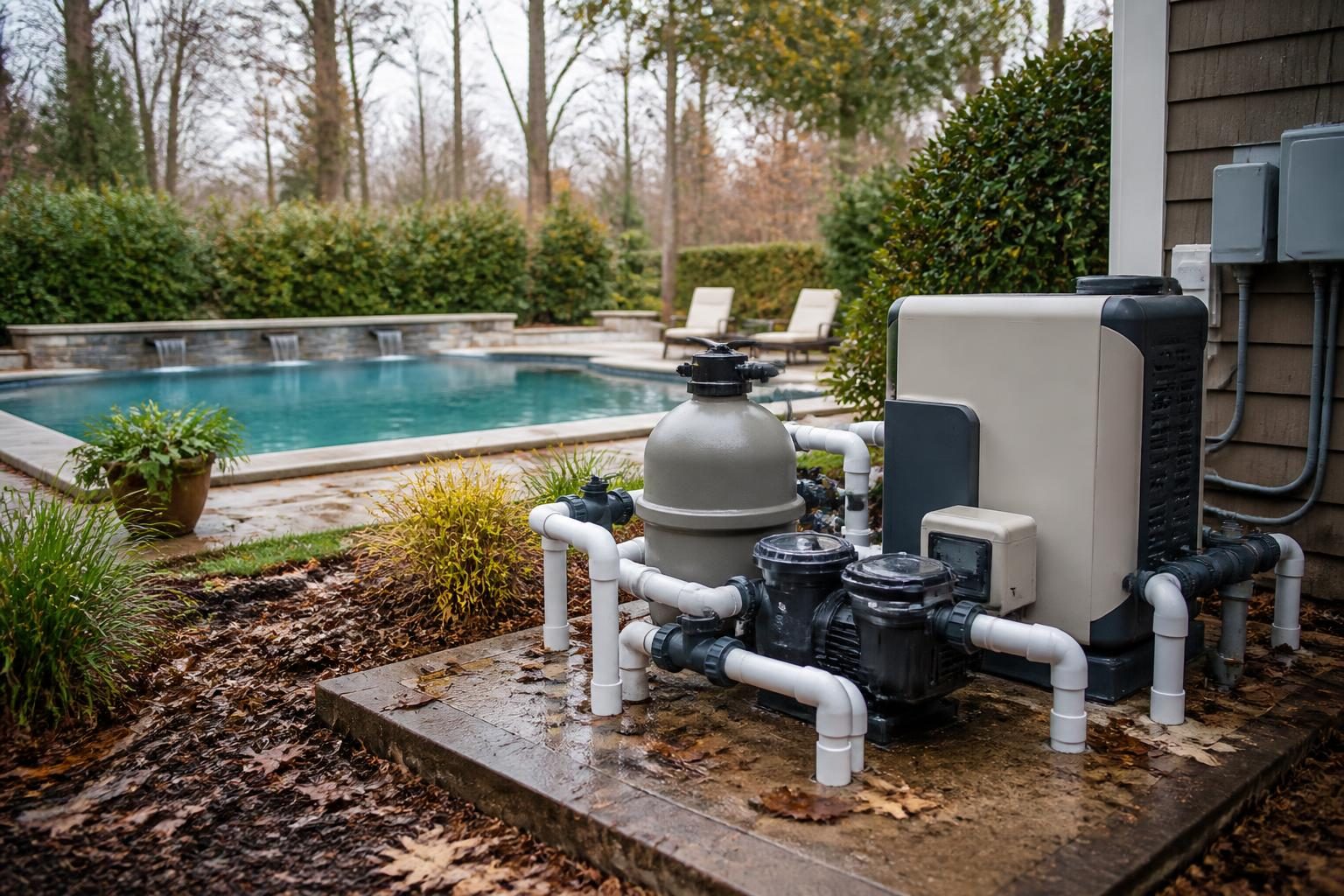 Pool equipment winter protection North Carolina homeowner inspecting a pump, heater, filter, and exposed plumbing