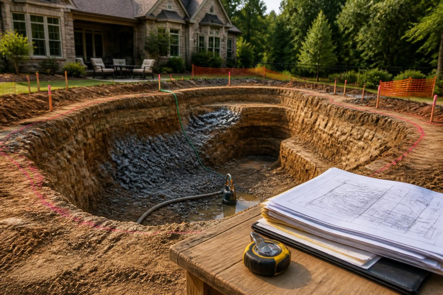 Pool excavation changes homeowner documentation beside a North Carolina residential pool excavation