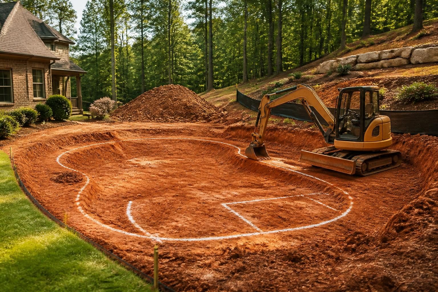Pool excavation North Carolina clay soil planning with an excavator, marked backyard layout, and erosion controls