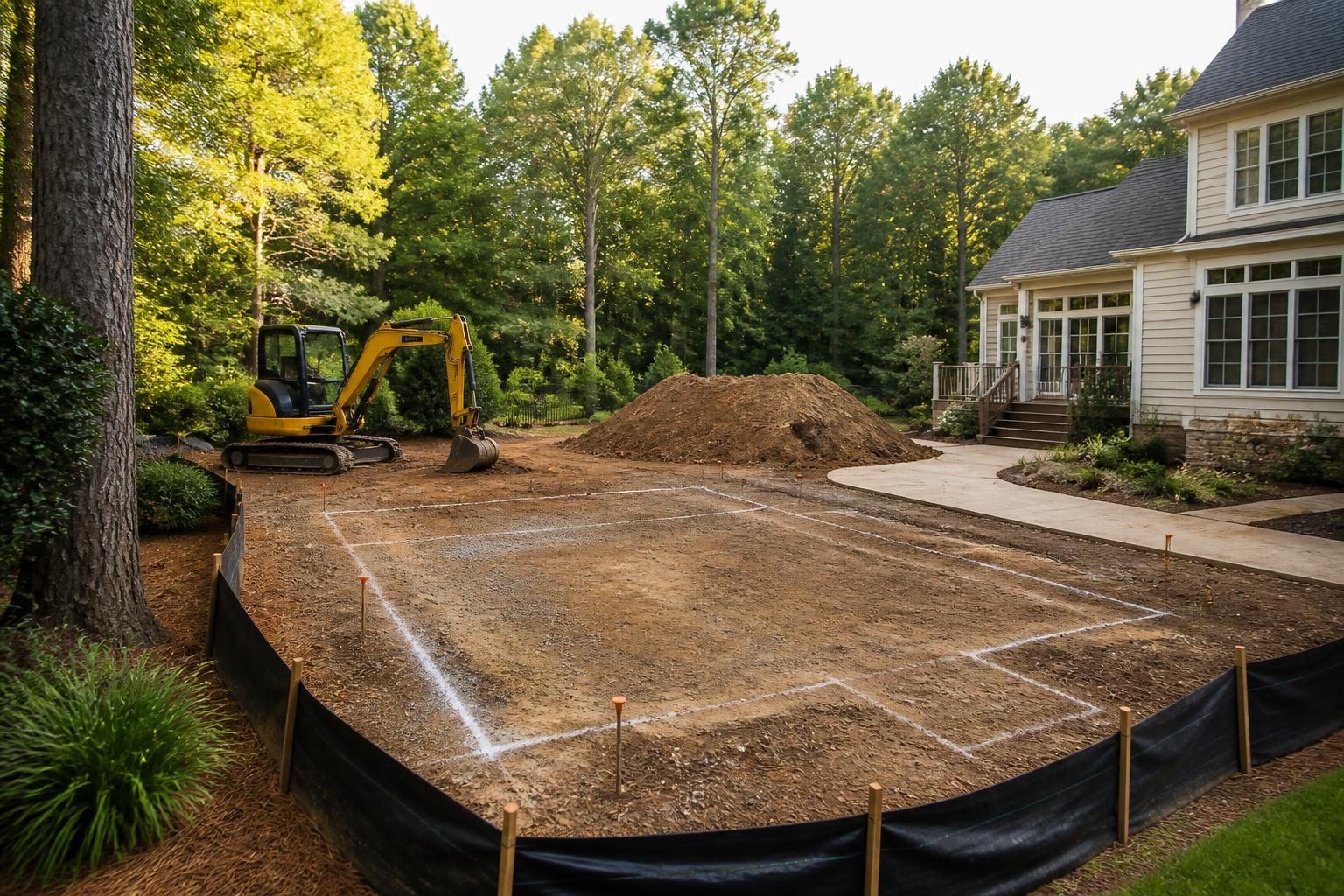 Pool excavation spoil removal North Carolina planning with staged soil and clear truck access