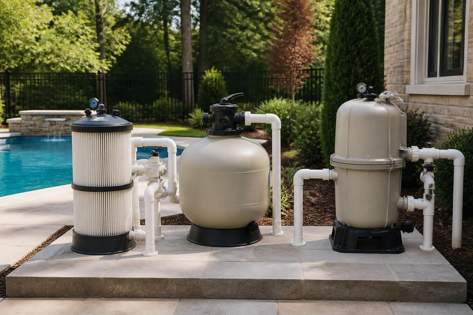 Pool filter types comparison showing cartridge, sand, and DE filter options for a North Carolina home