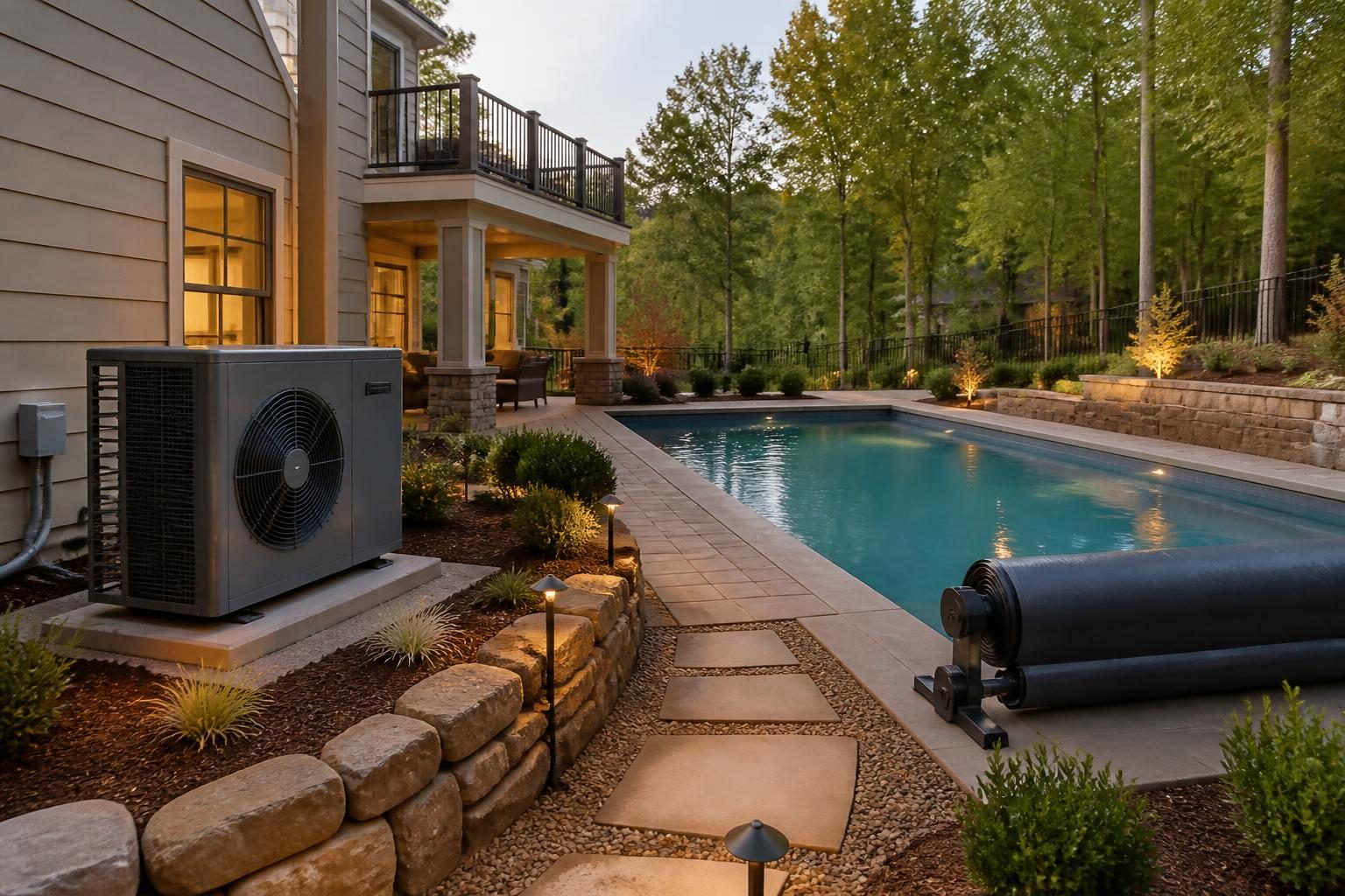Pool heater energy efficiency planning North Carolina with heat pump, cover, and organized equipment area