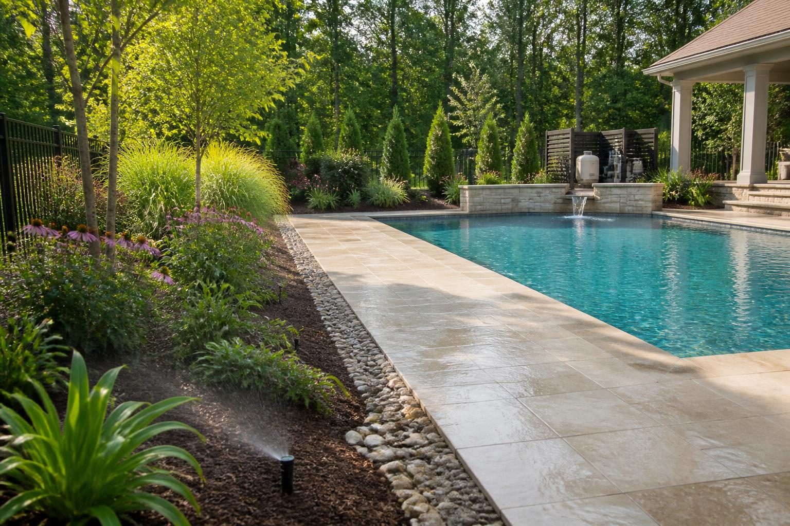 Finished pool landscape illustrating pool landscaping irrigation planning North Carolina with irrigation aimed away from the deck and equipment