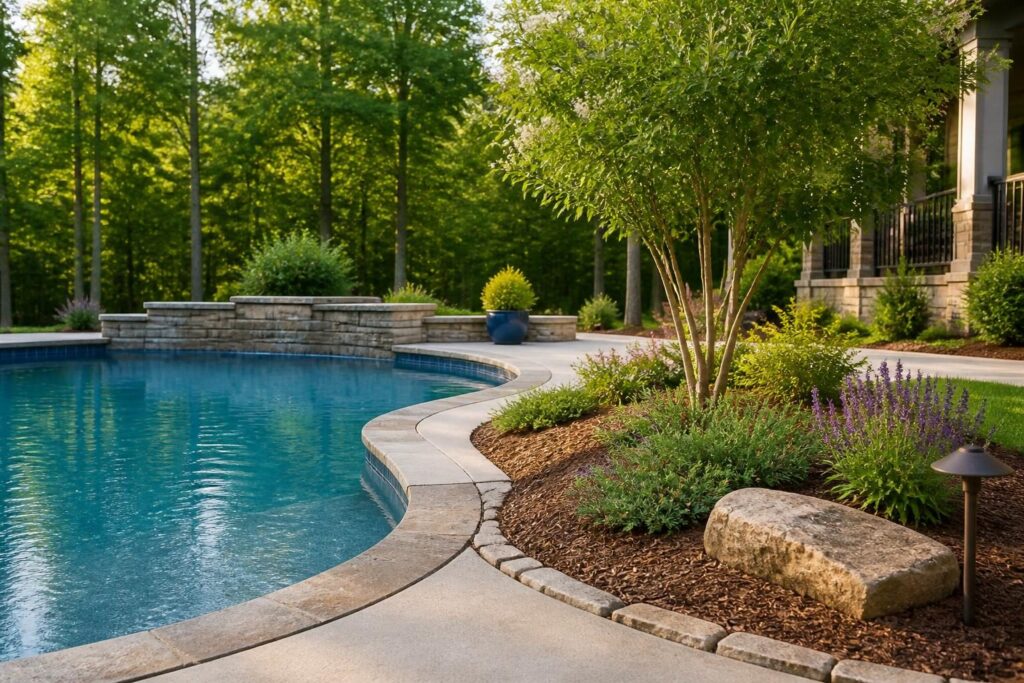 Pool landscaping mulch runoff North Carolina planning with stable planting beds beside a clean residential pool