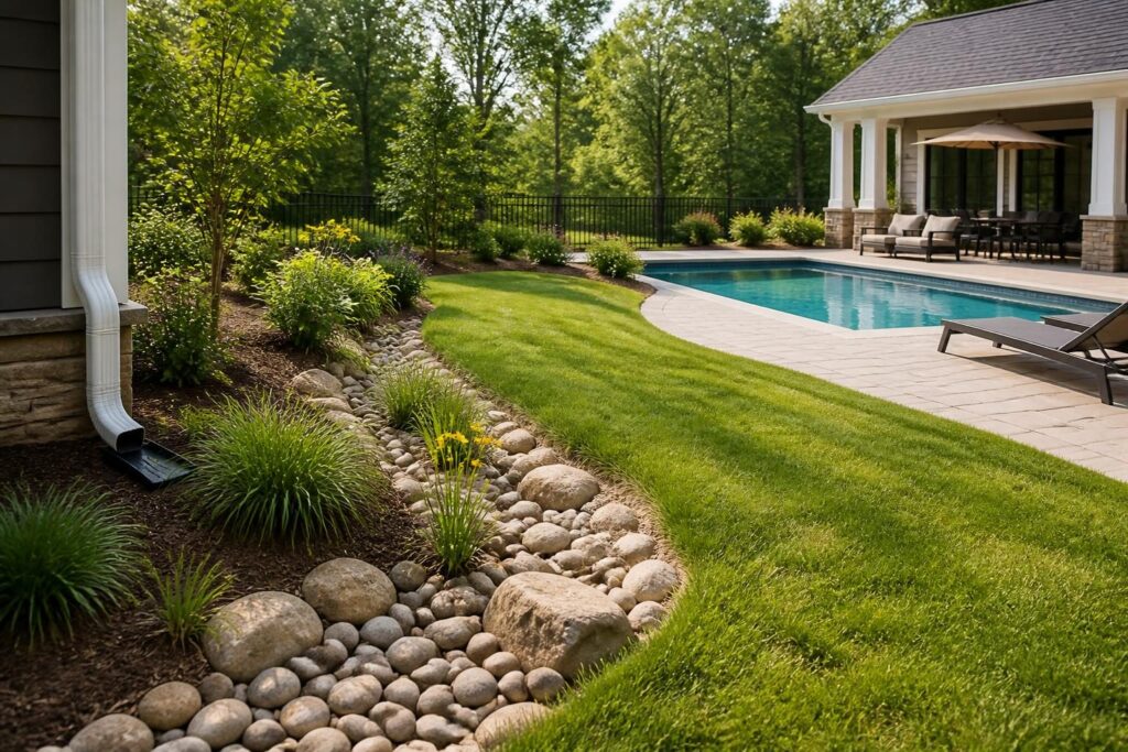Pool landscaping swale drainage North Carolina backyard with planting beds and graded runoff paths