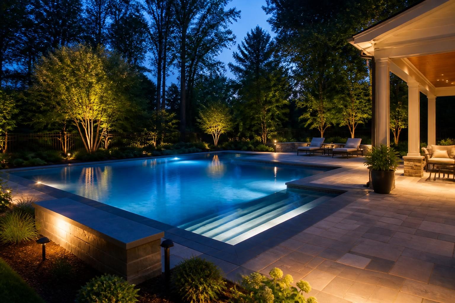 Pool lighting planning shown in a North Carolina backyard with low-glare pool and landscape lights