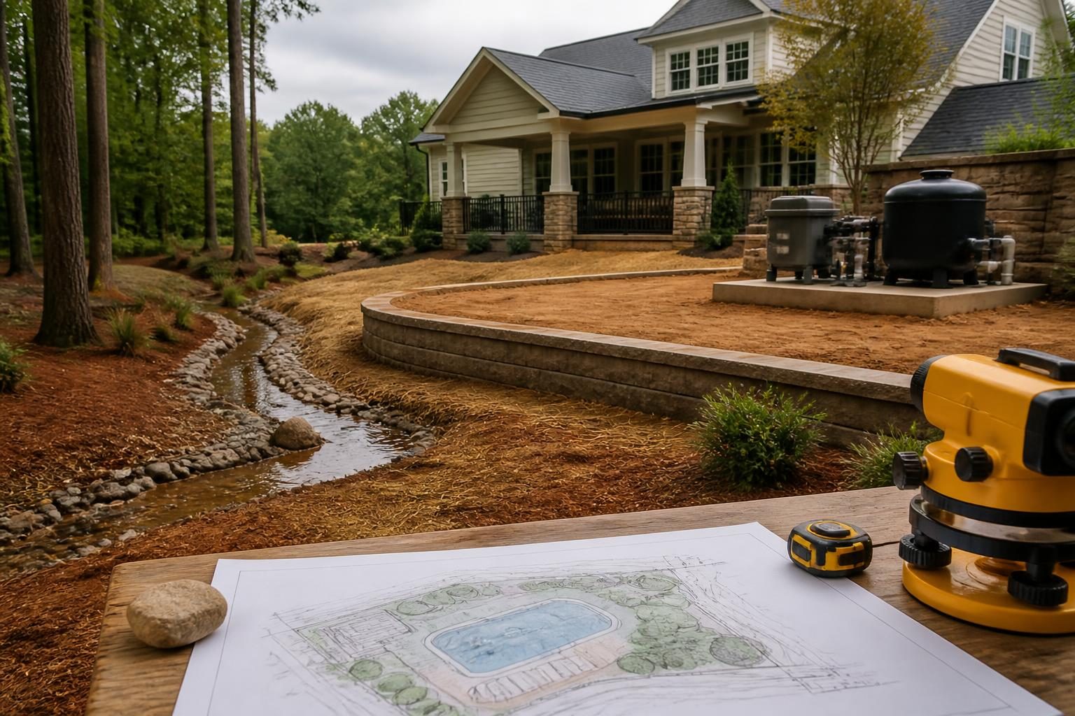Residential pool planning flood risk review in a North Carolina backyard with drainage and elevated equipment considerations
