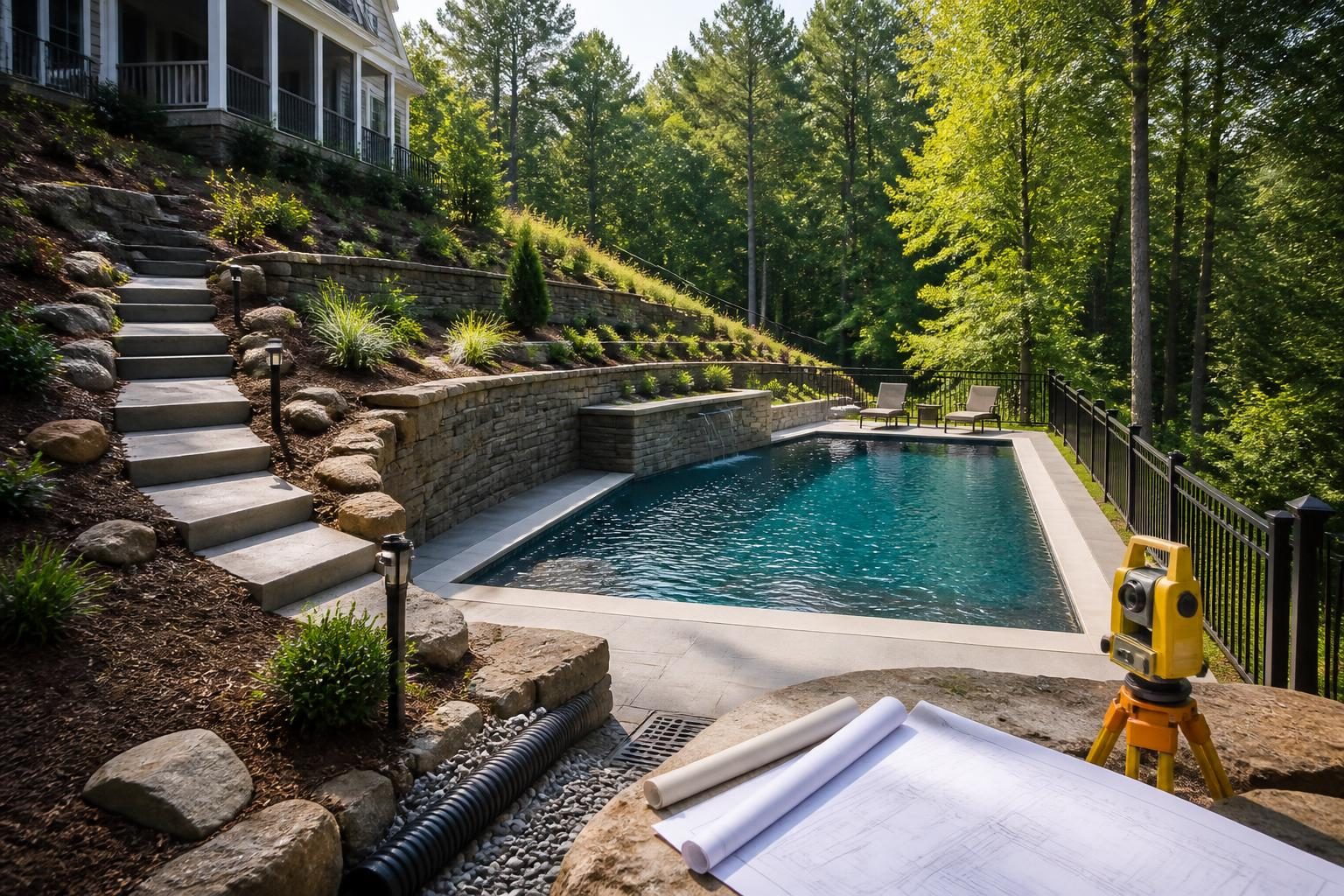 Pool planning steep slope North Carolina lot with terraced grading and retaining structures