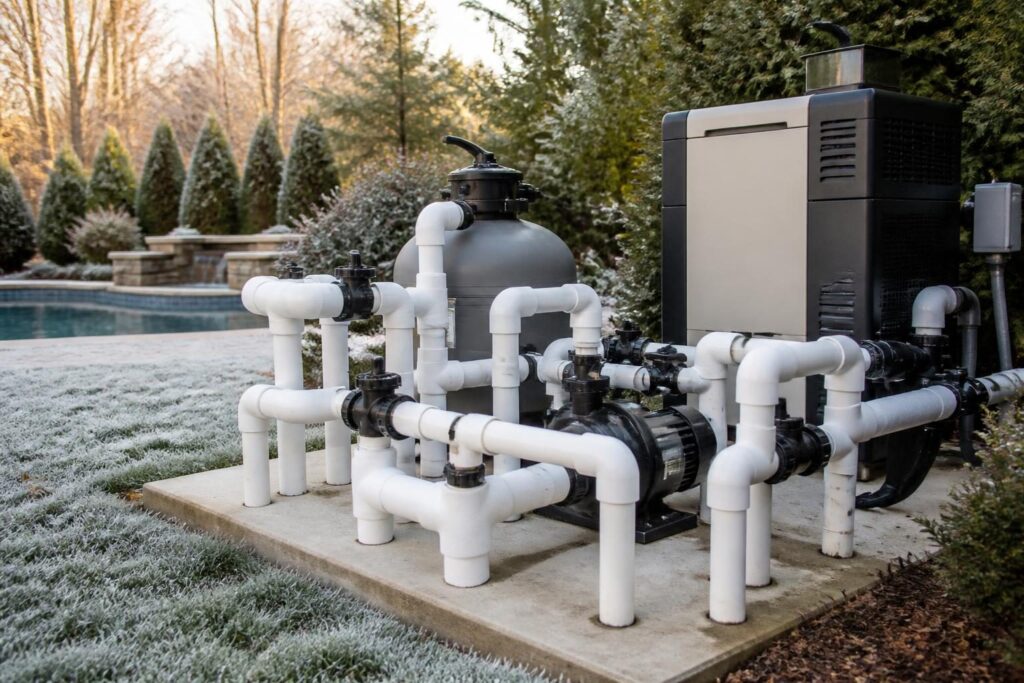 Pool plumbing freeze protection North Carolina equipment pad with pump, filter, valves, and exposed pipes