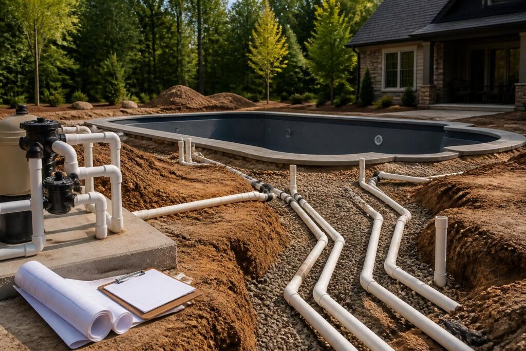 Pool plumbing inspection checklist documentation with labeled pipes before covering