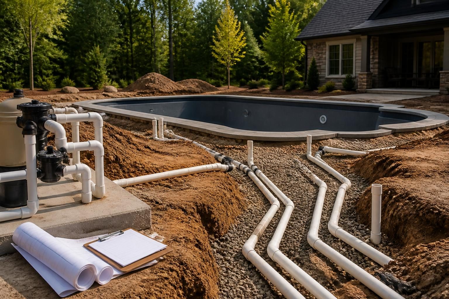 Pool plumbing inspection checklist documentation with labeled pipes before covering