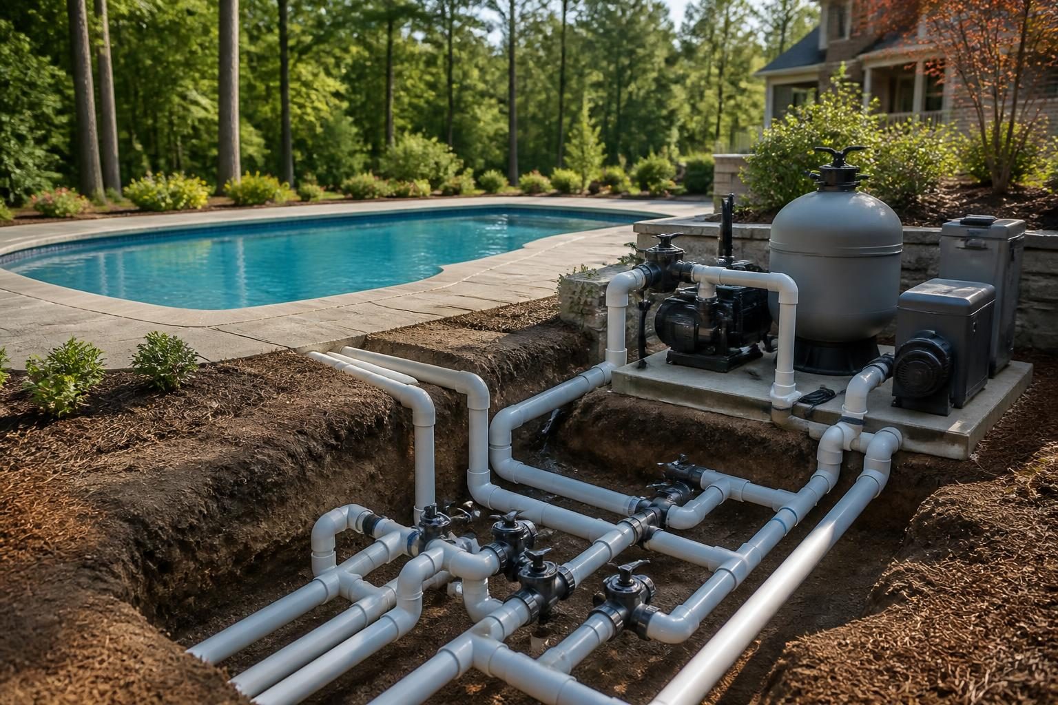 Pool plumbing layout planning guide showing organized residential pool pipes and equipment