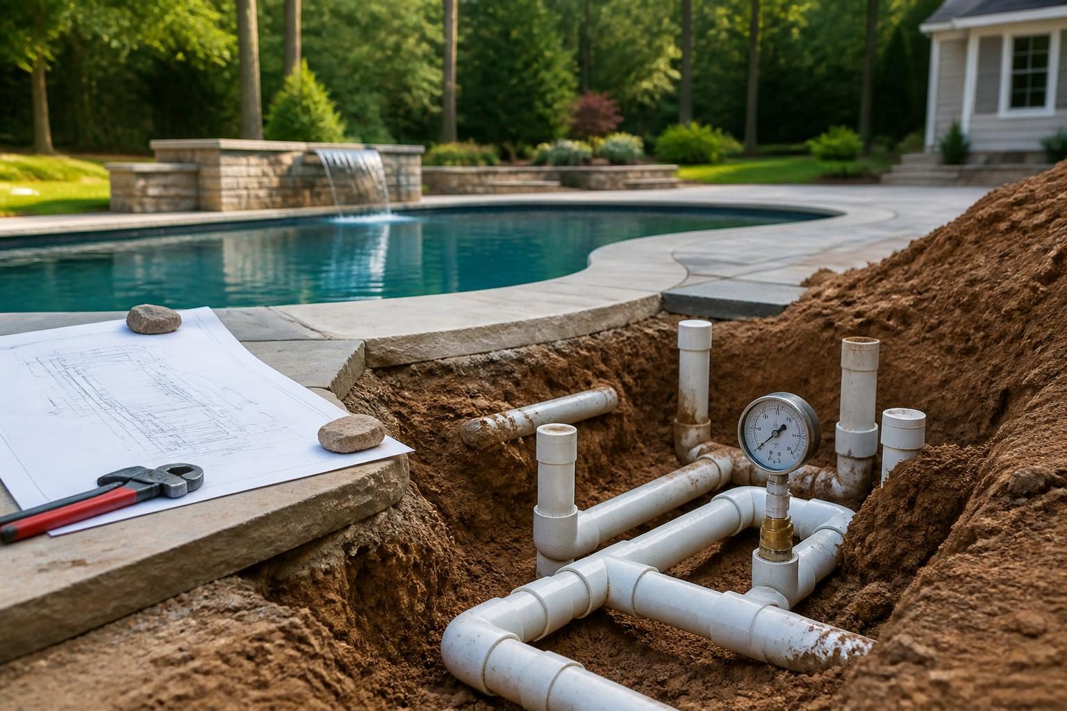Pool plumbing pressure testing documentation beside visible underground pool pipes in North Carolina