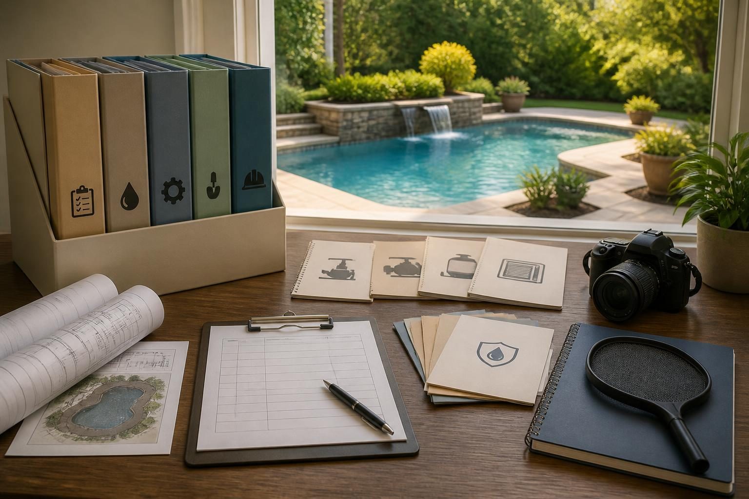 Organized pool project records to keep after completion beside a residential backyard pool in North Carolina