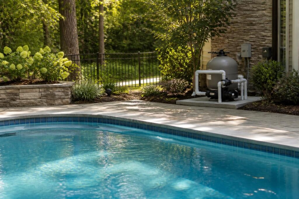 Pool pump run time North Carolina climate guide showing residential pool equipment and clear water