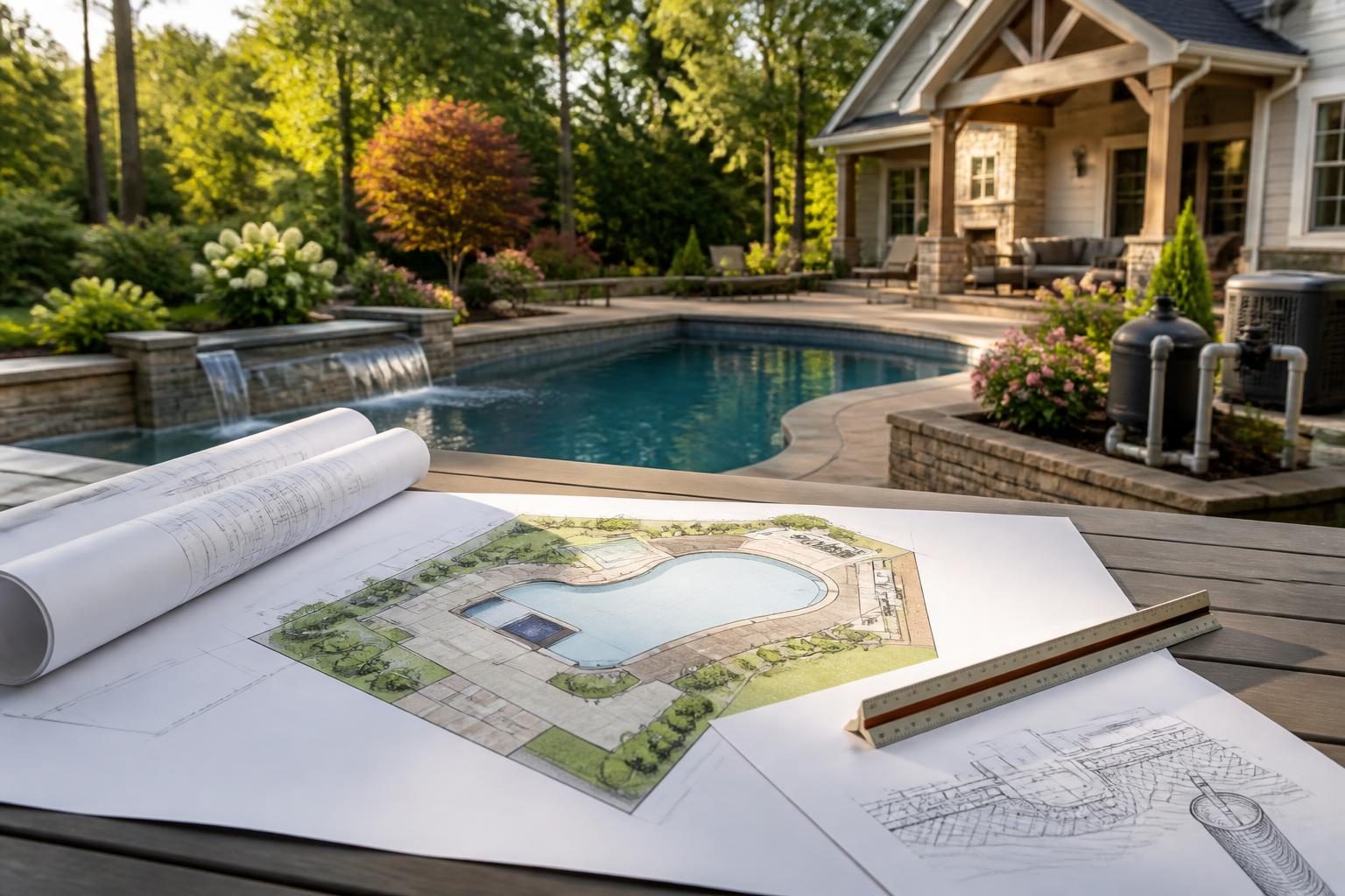 Pool site plan and construction plan difference shown through residential pool drawings beside a North Carolina backyard