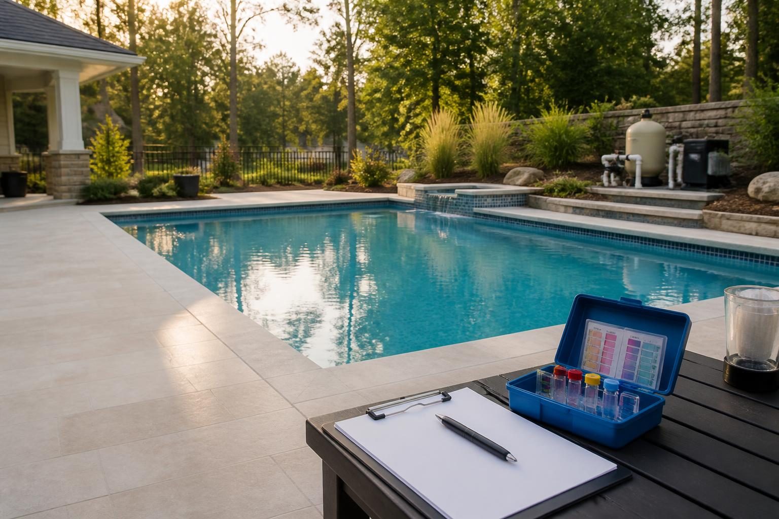 Pool startup water chemistry checklist after construction beside a newly filled residential pool