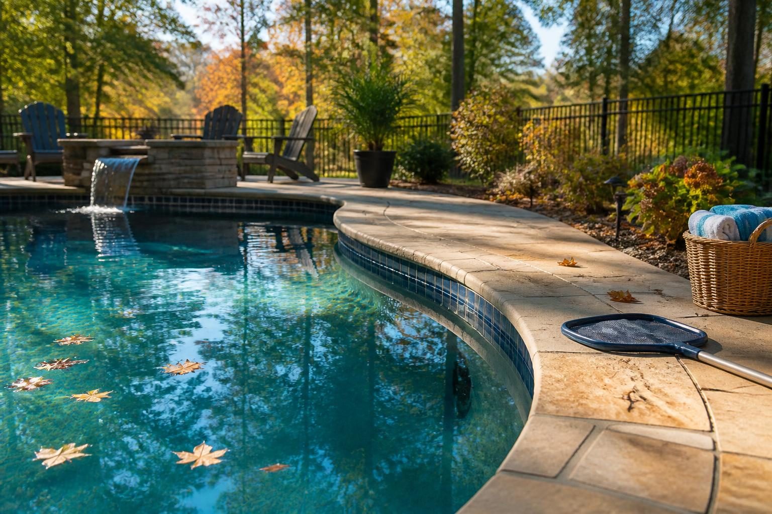 Pool tile and coping maintenance North Carolina seasonal inspection beside a residential pool
