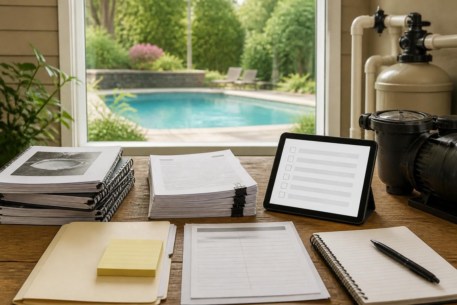 Pool warranty document checklist beside organized equipment manuals and a residential swimming pool