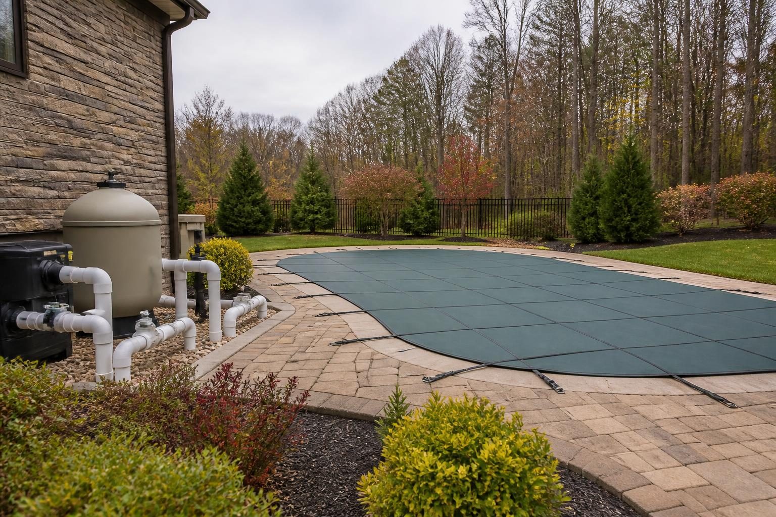 Pool winterization North Carolina homeowner reviewing a covered backyard pool and protected equipment