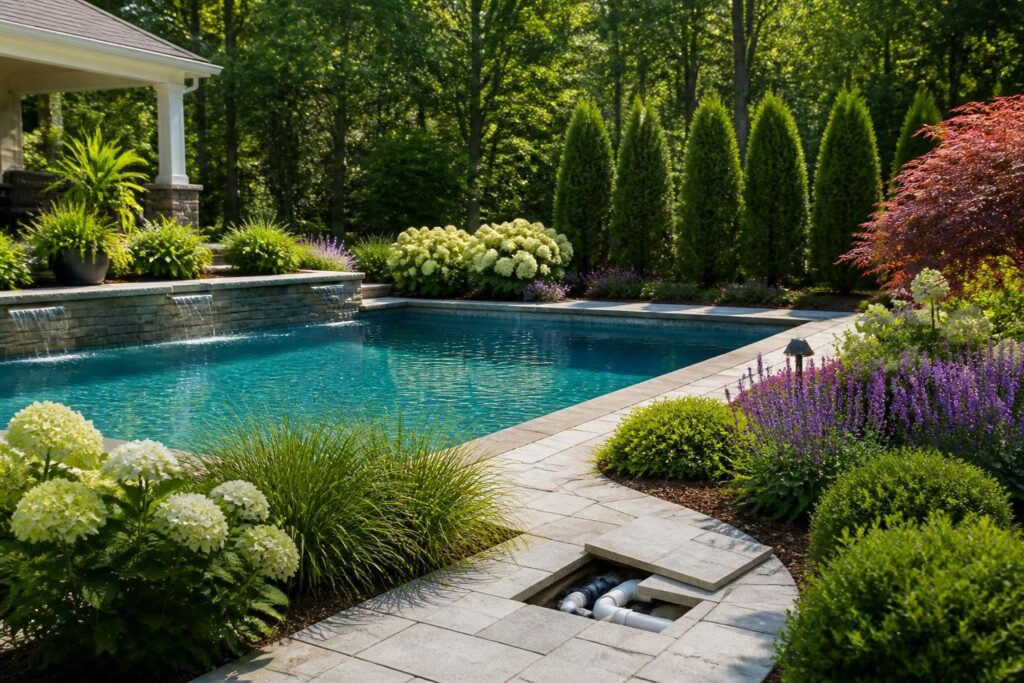 Poolside landscaping plants for North Carolina yards arranged around a residential swimming pool