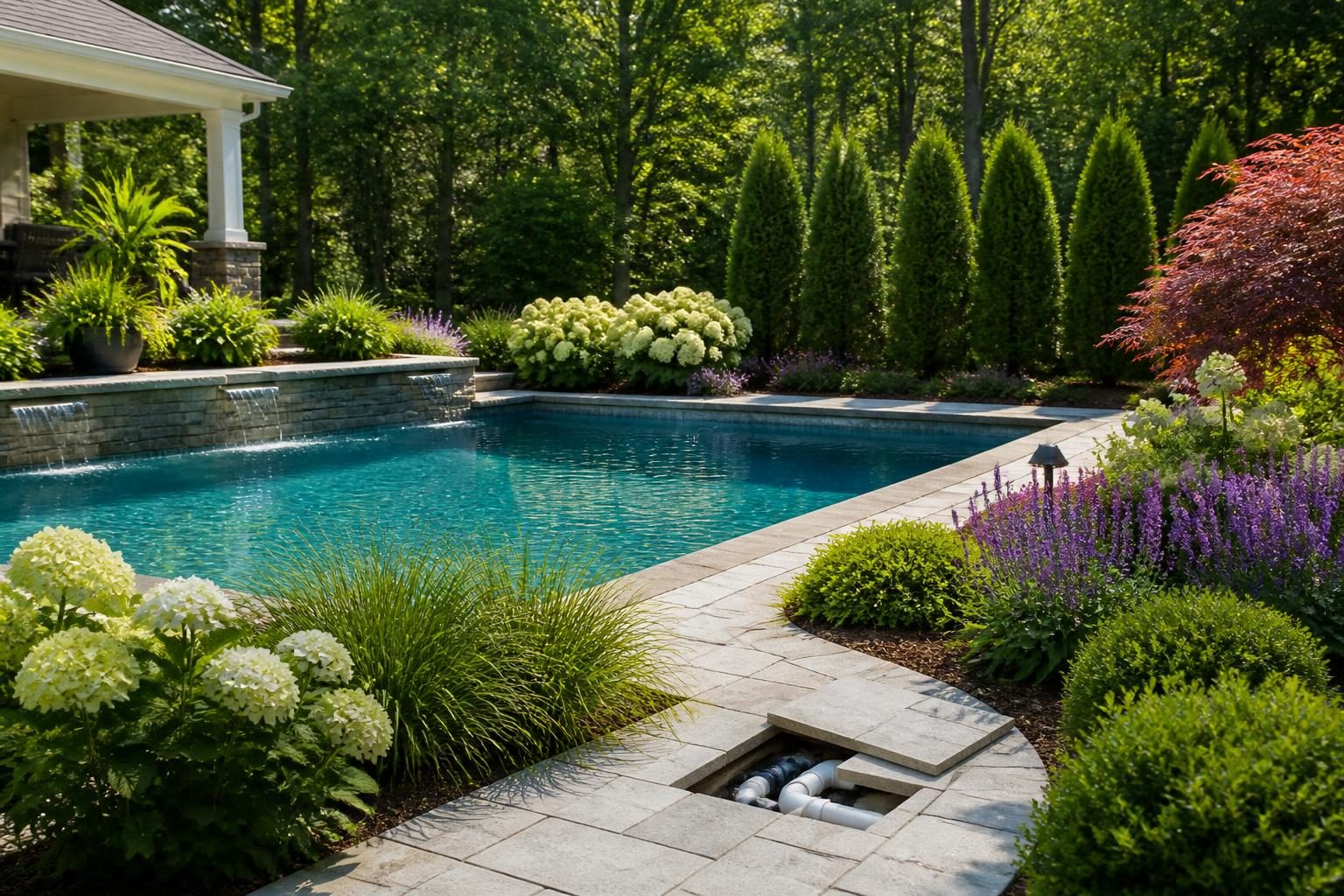 Poolside landscaping plants for North Carolina yards arranged around a residential swimming pool