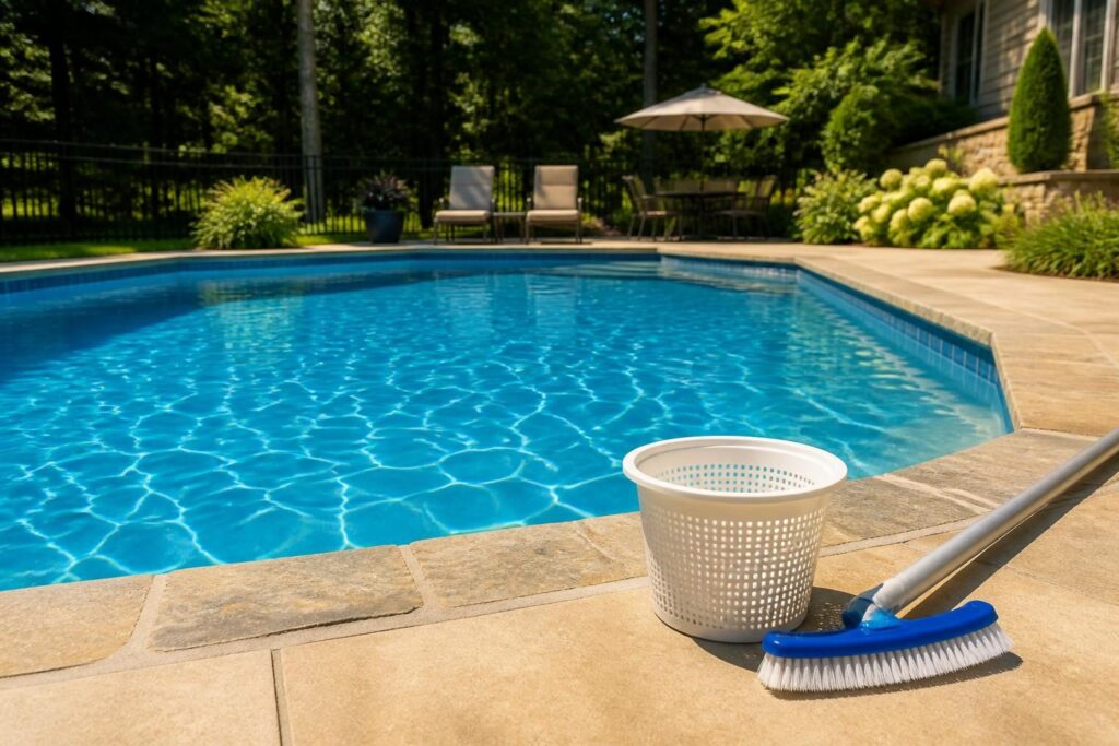 Homeowner routine to prevent pool algae North Carolina warm season with clear water and pool maintenance tools