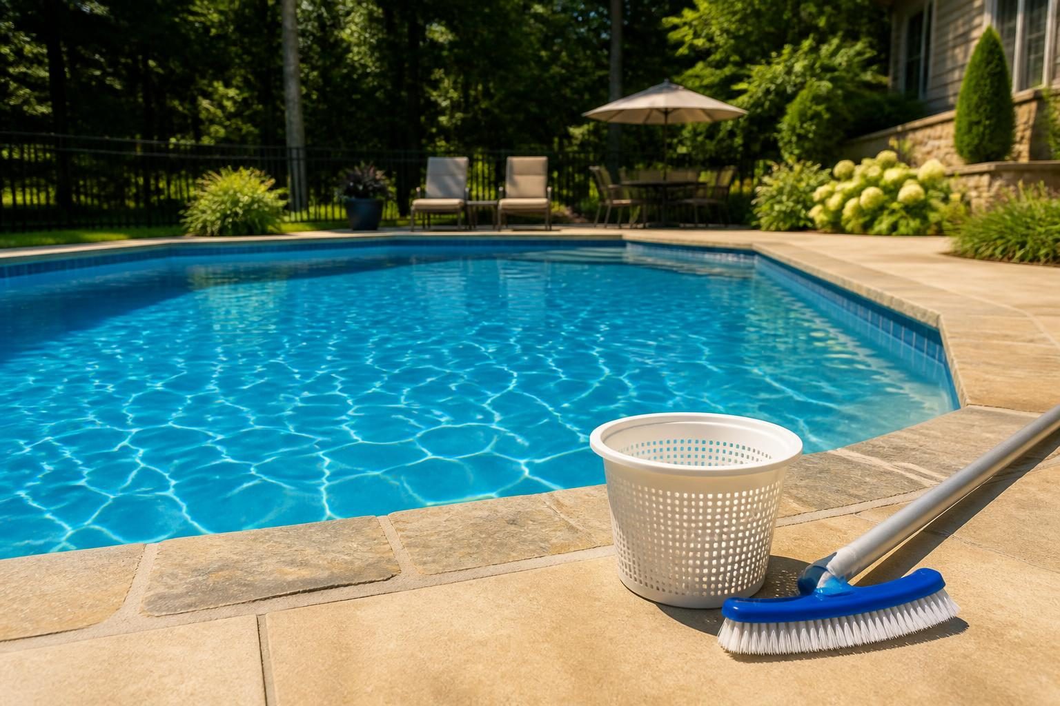 Homeowner routine to prevent pool algae North Carolina warm season with clear water and pool maintenance tools