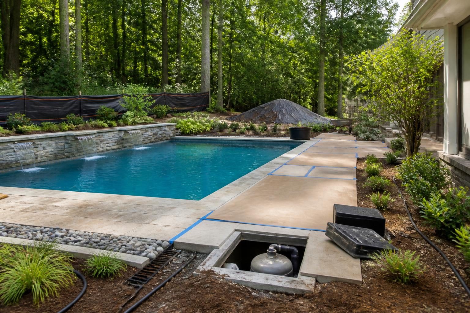 How to protect pool during landscaping work with deck protection, controlled runoff, and clear equipment access
