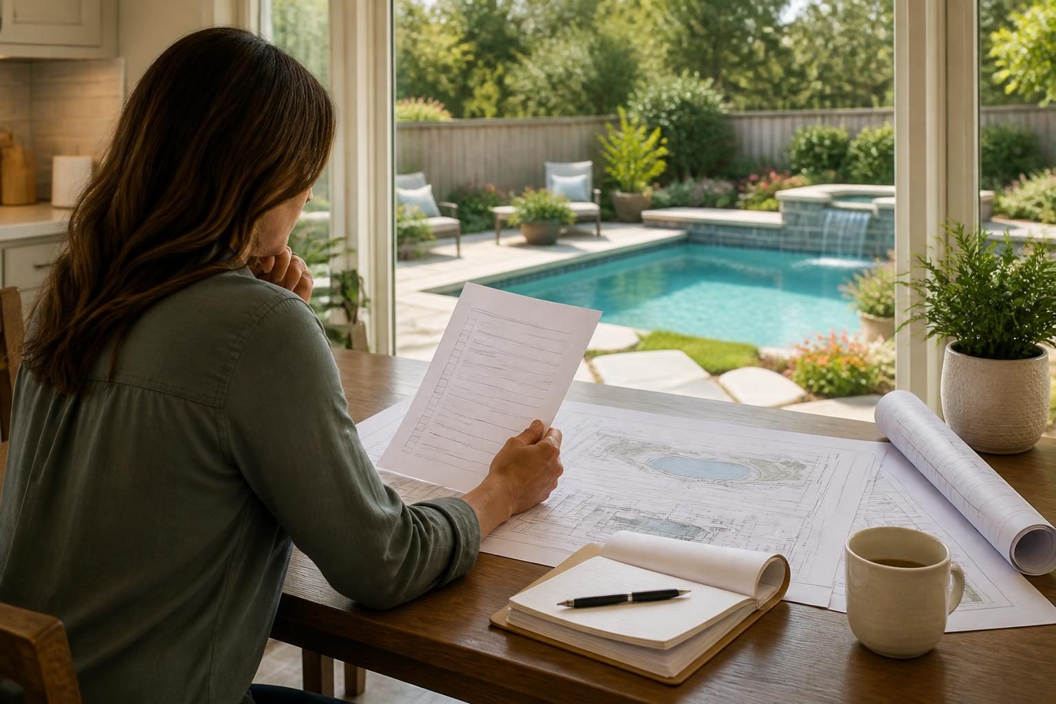 Homeowner using questions for residential pool contractor references while reviewing pool plans