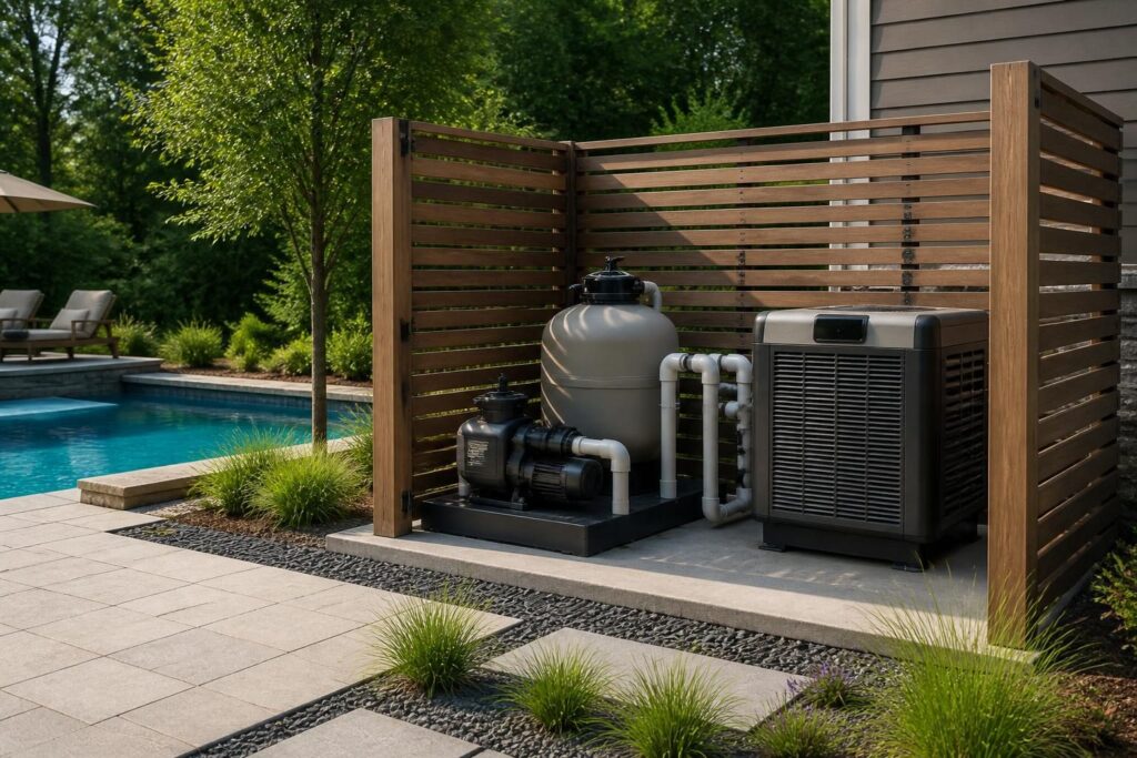 Quietly planned residential pool equipment area designed to reduce residential pool equipment noise service access