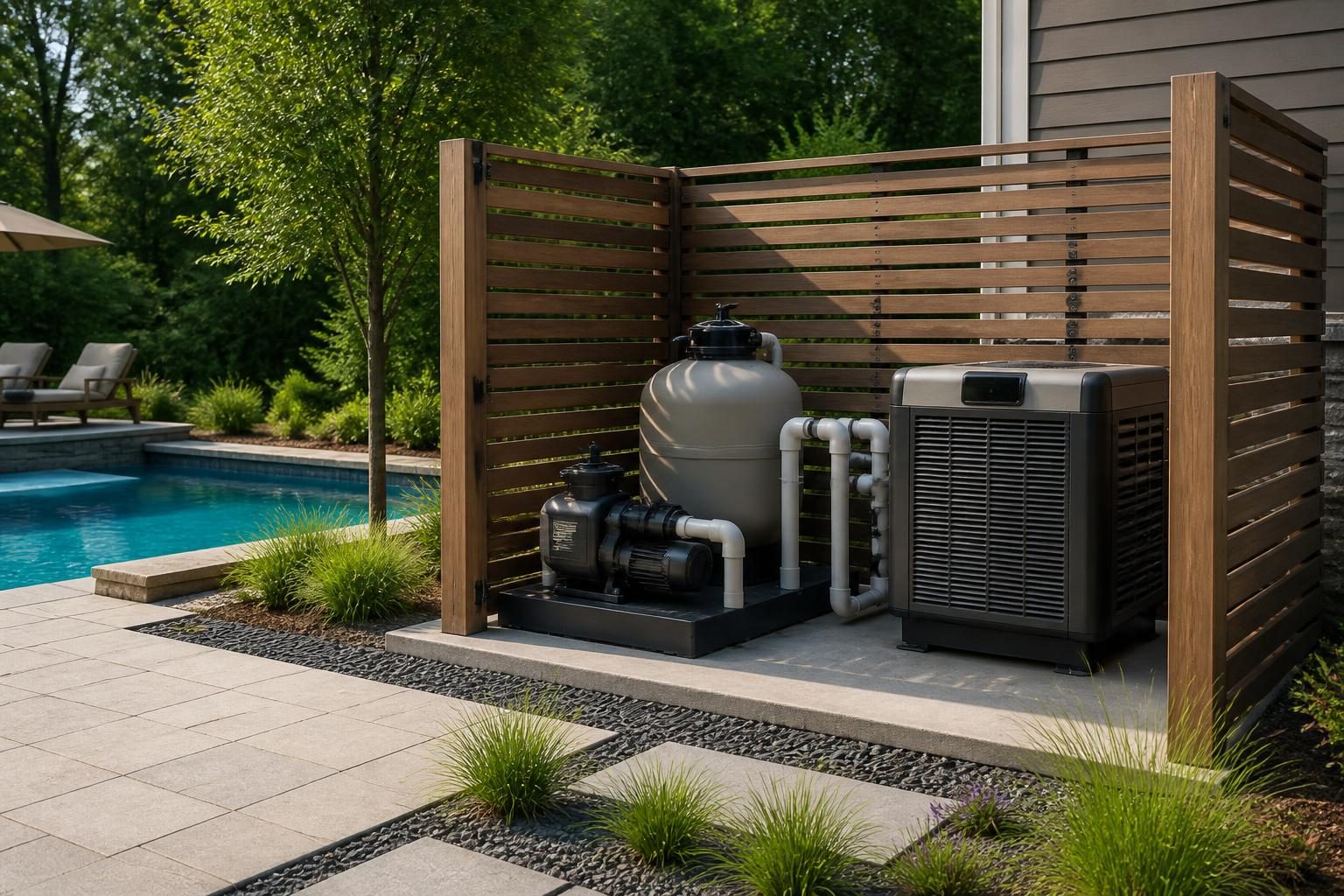 Quietly planned residential pool equipment area designed to reduce residential pool equipment noise service access