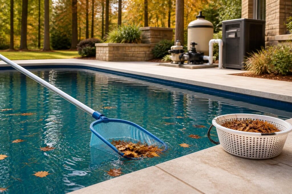Homeowner tools for remove pool debris safely North Carolina in an autumn backyard pool