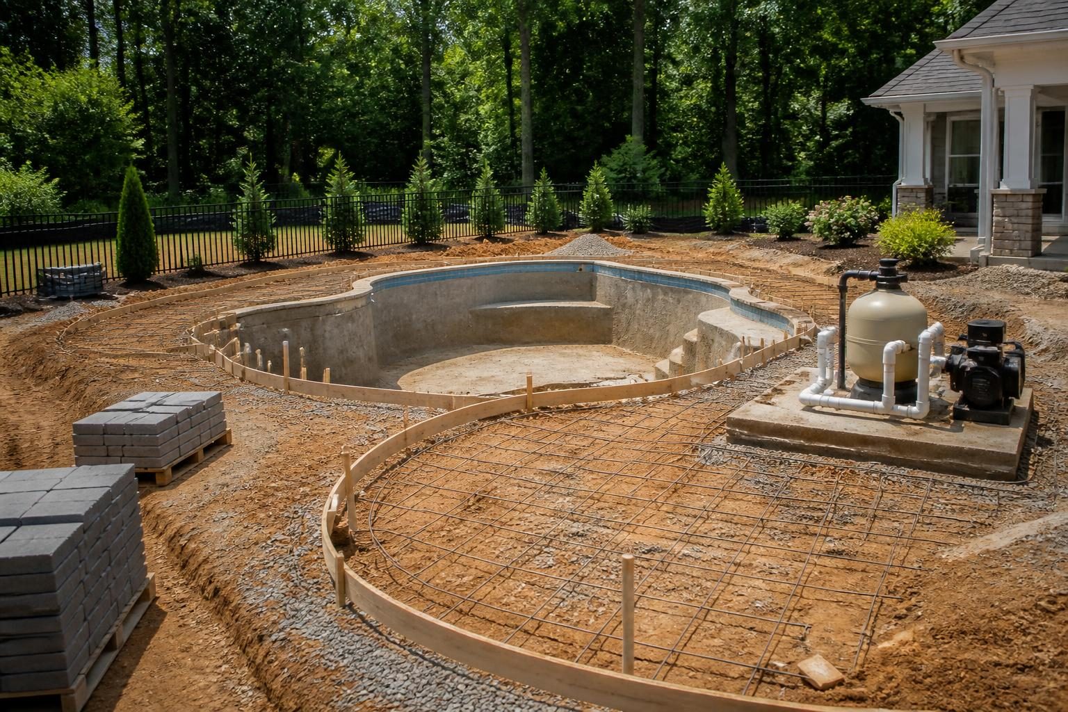 Residential pool construction phases showing a North Carolina backyard project from excavation through equipment installation