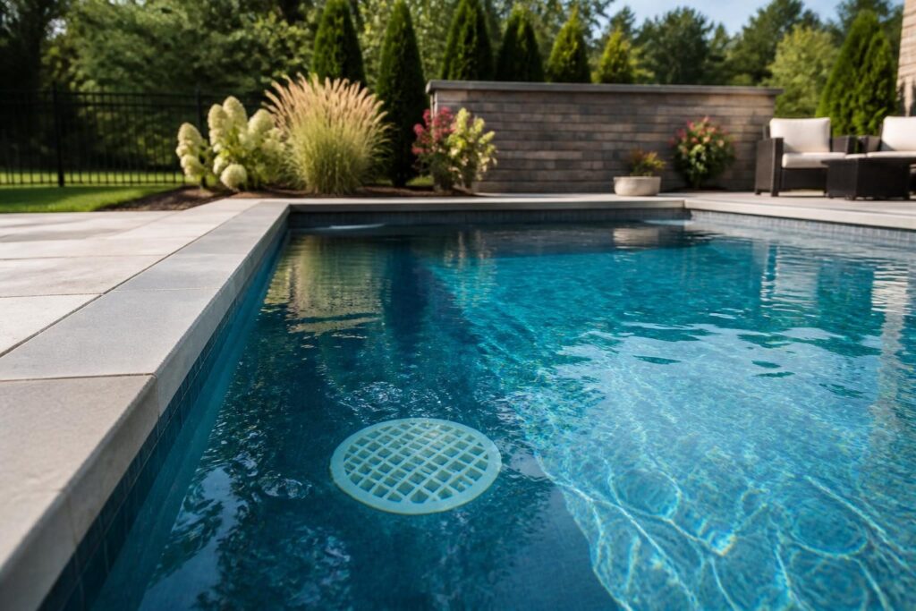 Residential pool drain cover safety checklist shown with a visible pool drain cover beneath clear water