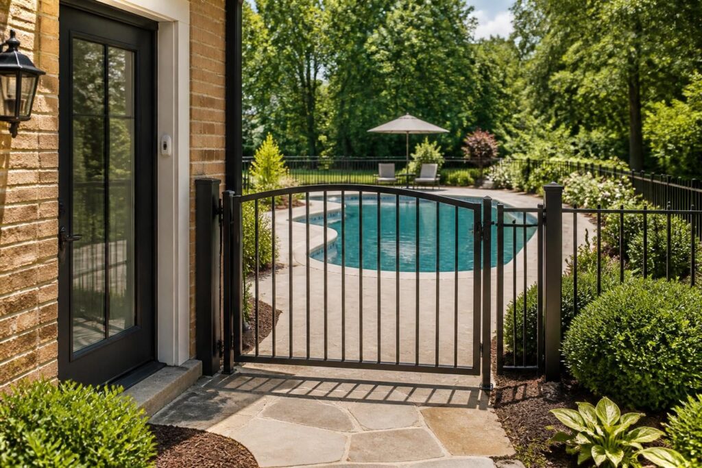 Residential pool gate and door safety checklist North Carolina homeowner reviewing a self-closing gate