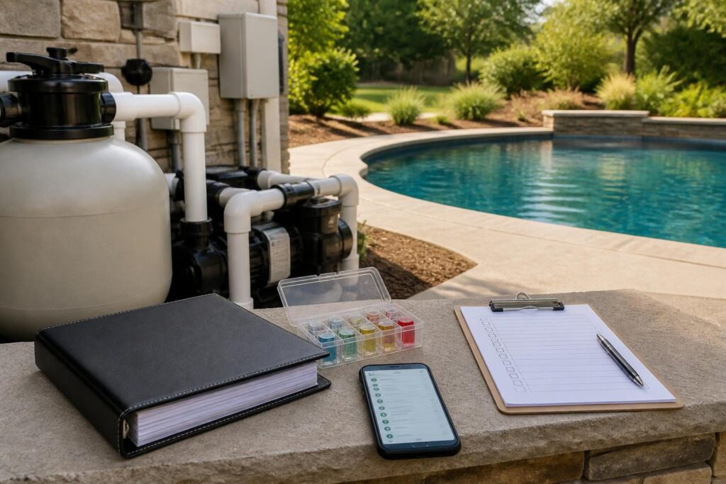 Residential pool maintenance log template beside water test supplies and equipment records
