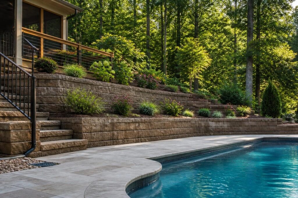 Retaining wall planning for a North Carolina pool beside a sloped backyard pool and deck