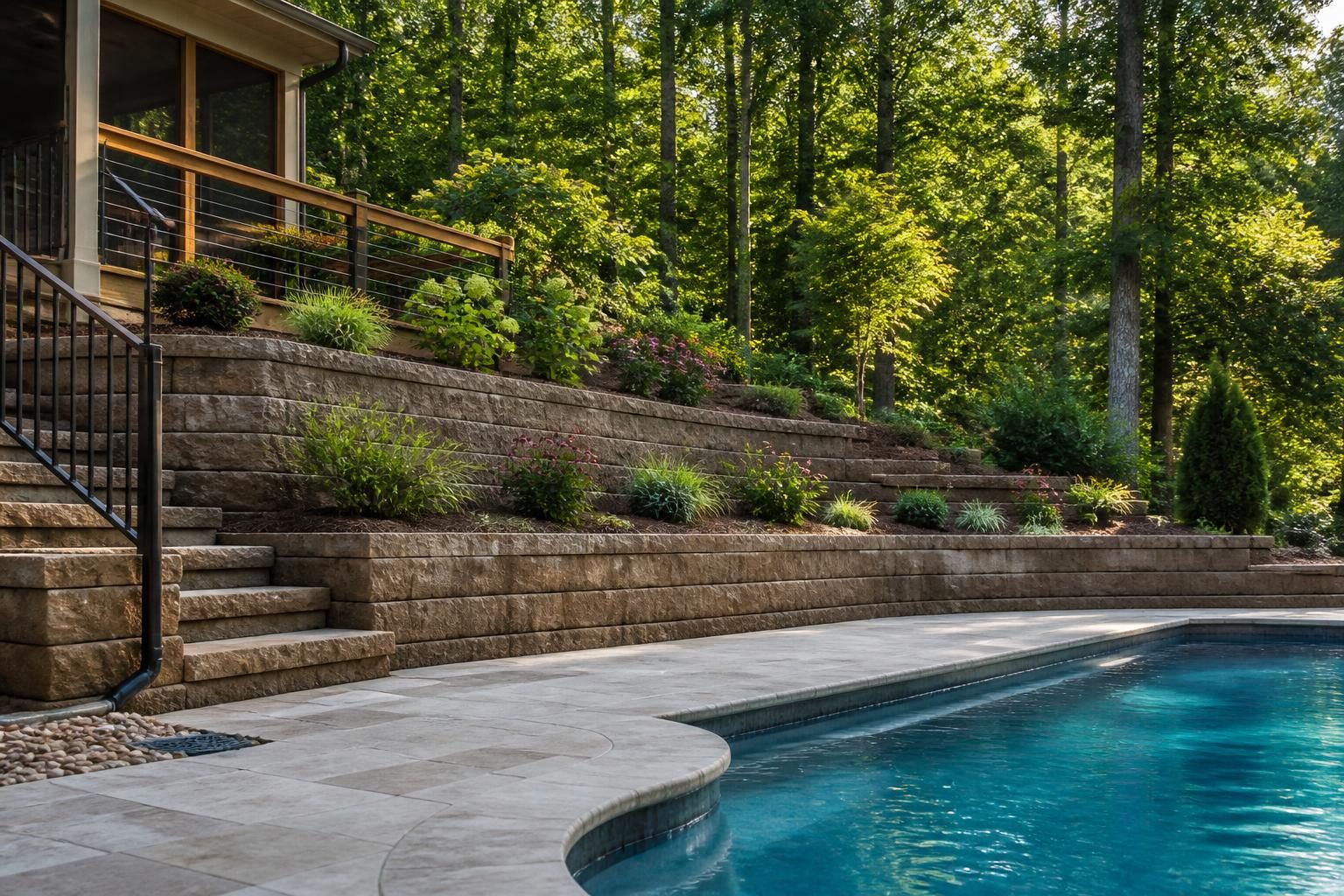Retaining wall planning for a North Carolina pool beside a sloped backyard pool and deck