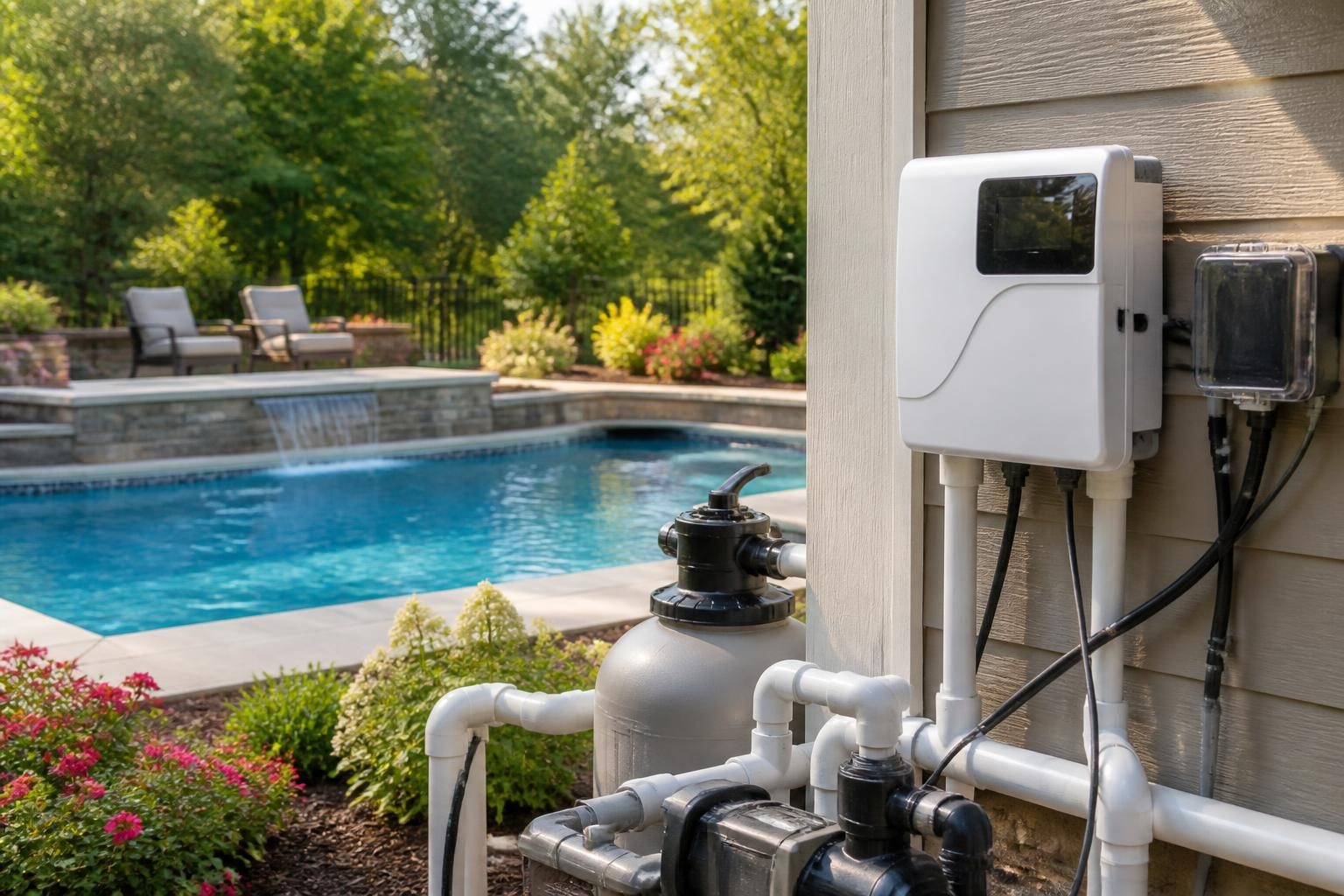 Saltwater pool system explained with residential pool equipment and salt chlorine generator