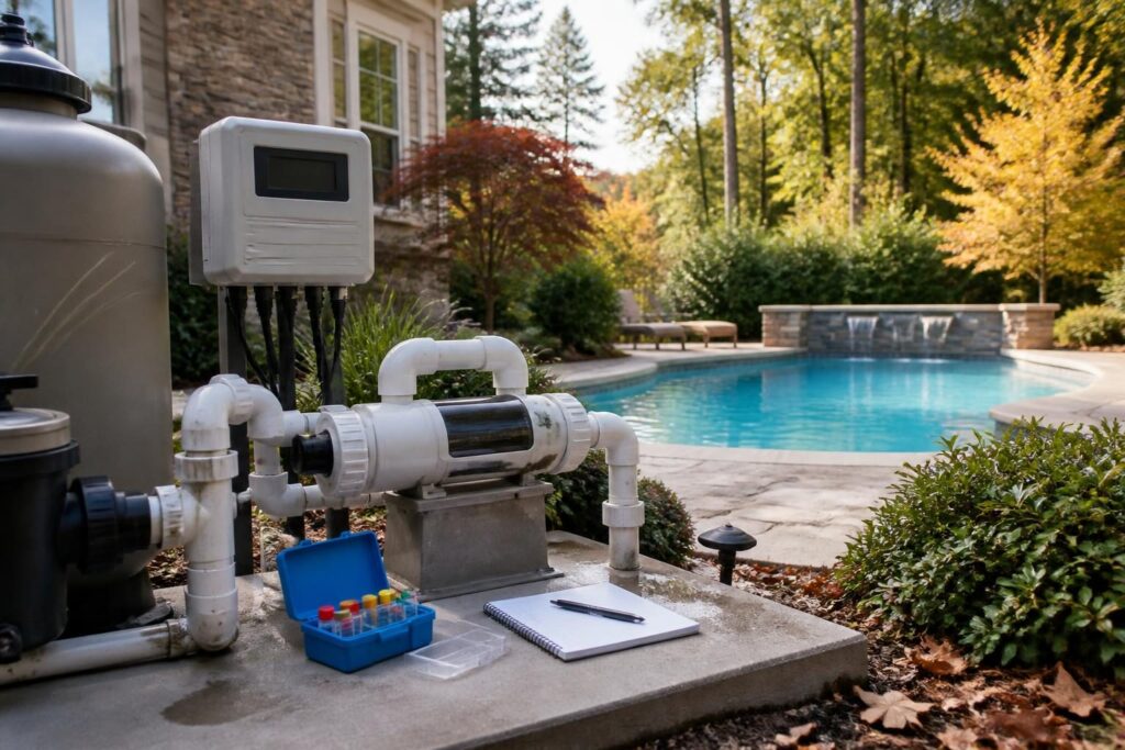 saltwater pool system seasonal maintenance North Carolina with a salt cell, controller, and testing supplies