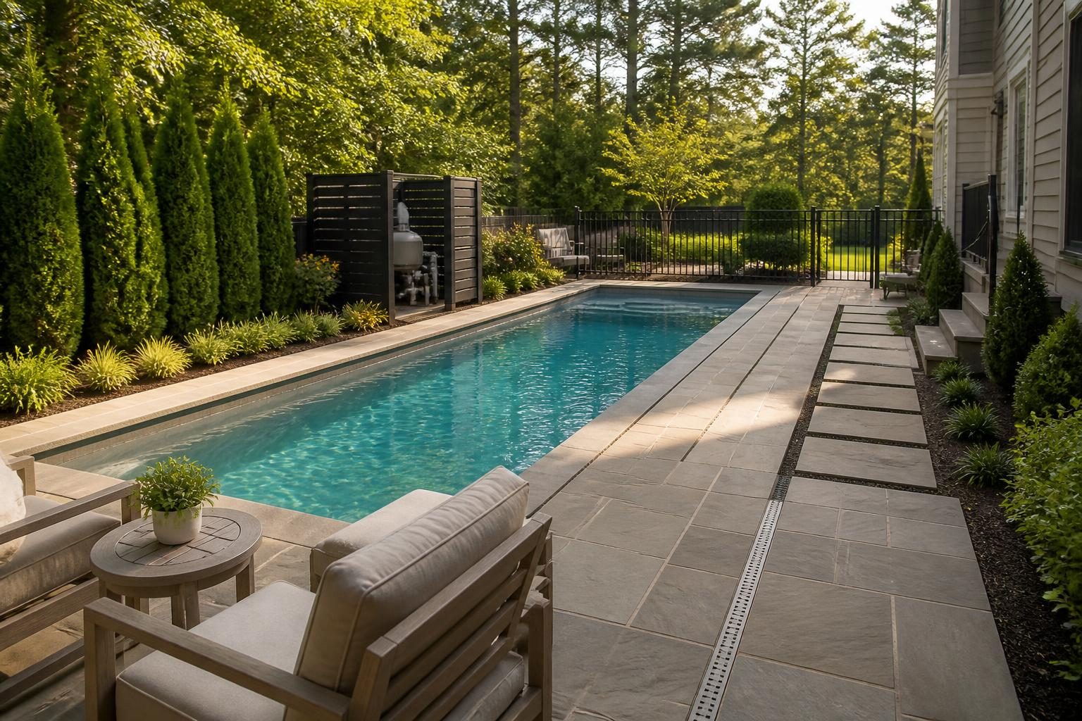 Small backyard pool design North Carolina homeowners can use for a compact landscaped yard