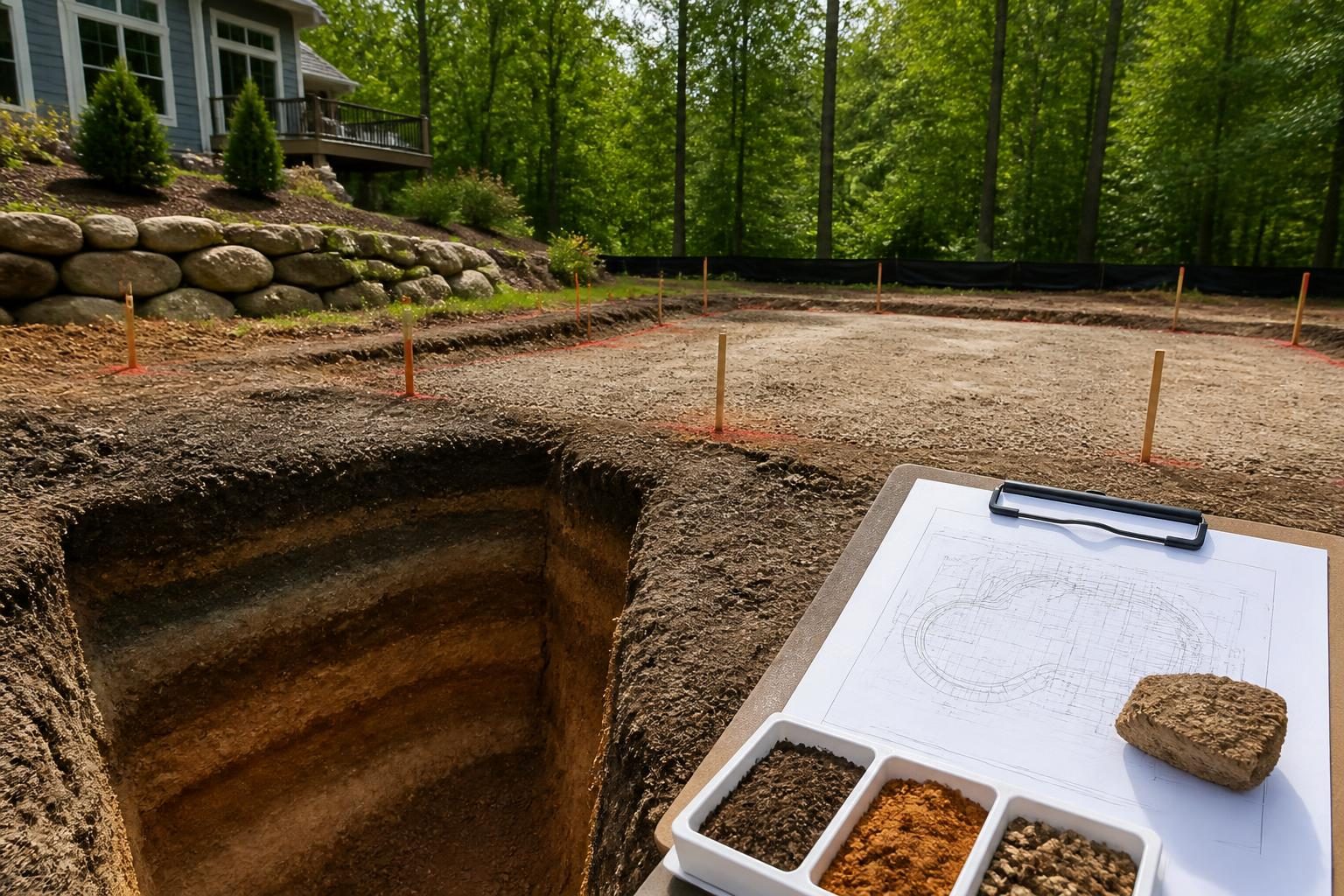 Soil testing before pool construction in North Carolina with a marked residential excavation site