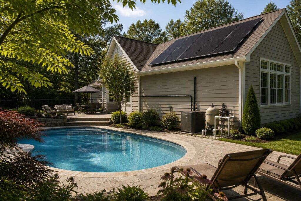 Solar pool heating planning North Carolina homeowners reviewing roof-mounted collectors beside a backyard pool