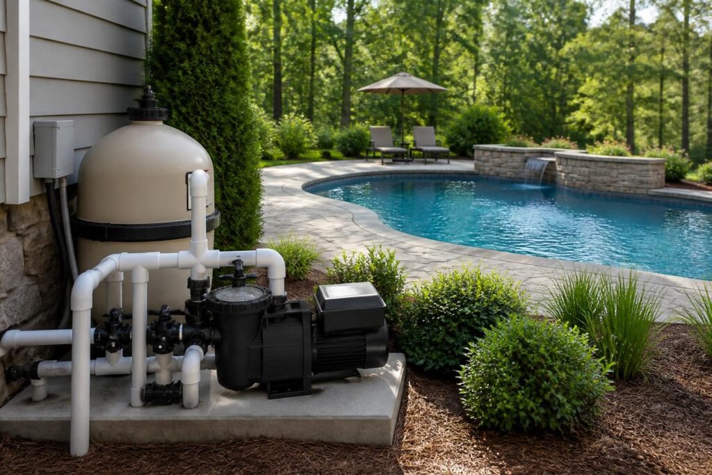 Variable-speed pool pump comparison showing residential pool equipment in a North Carolina backyard