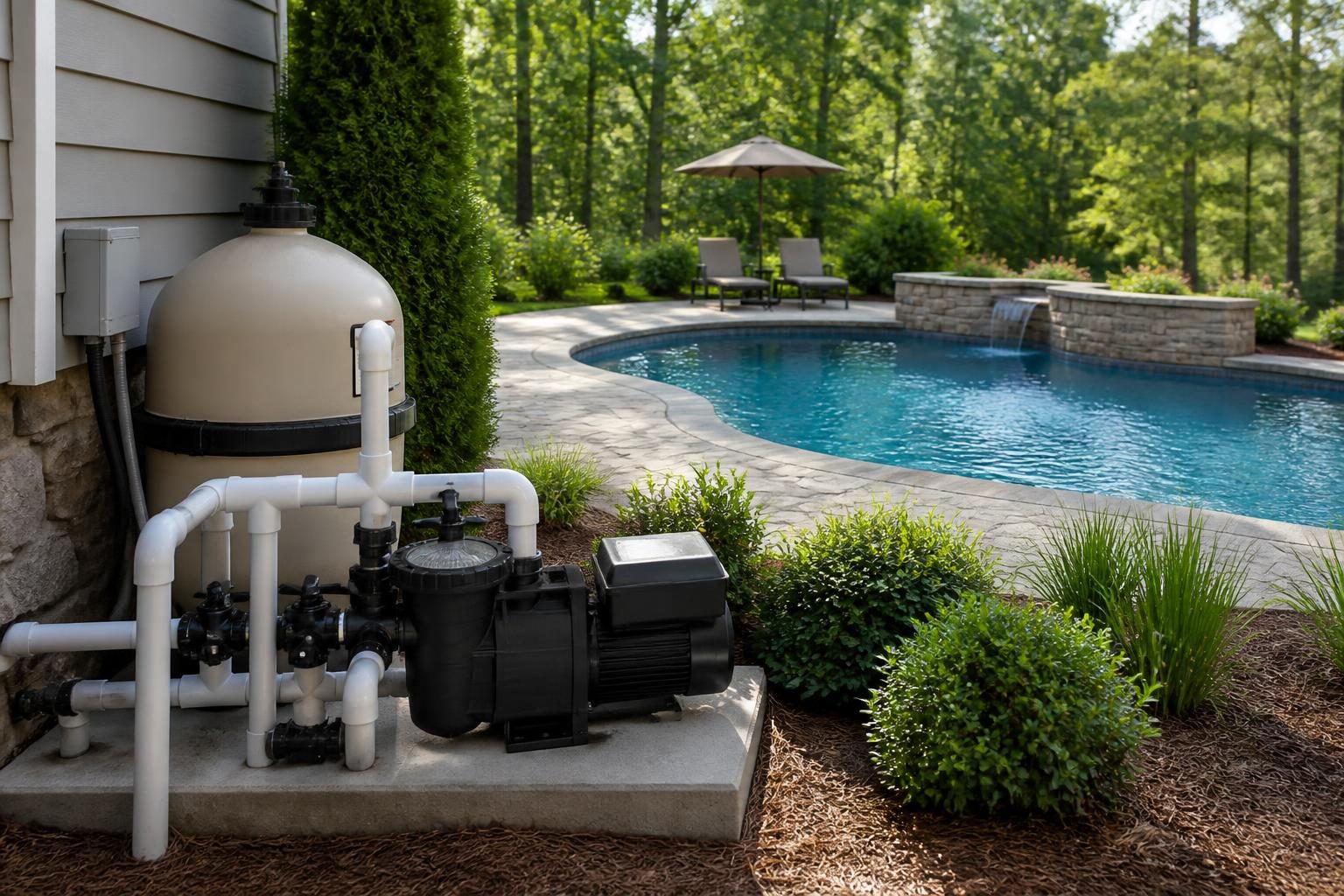 Variable-speed pool pump comparison showing residential pool equipment in a North Carolina backyard